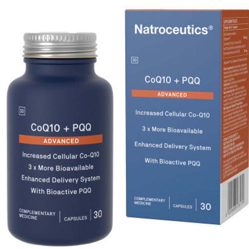 Natroceutics CoQ10 + PQQ Advanced supplement bottle and packaging on a white background