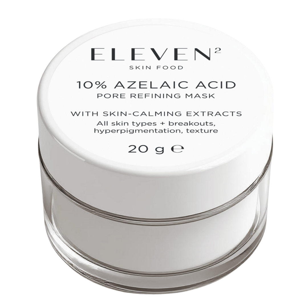 Skin care mask container labeled 'Eleven2' with product details on a white background