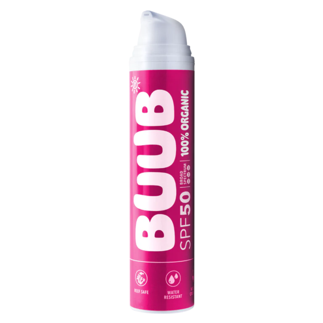 Pink sunscreen spray can with 'BUUB' branding on a white background