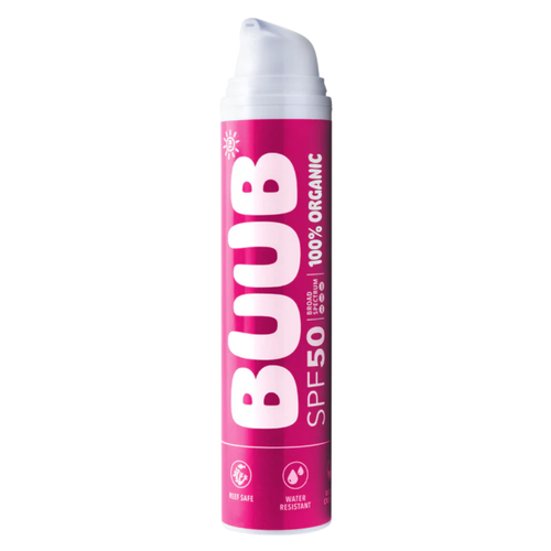 Pink sunscreen spray can with 'BUUB' branding on a white background