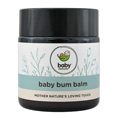 Jar of baby bum balm with 'baby nature' branding on a white background