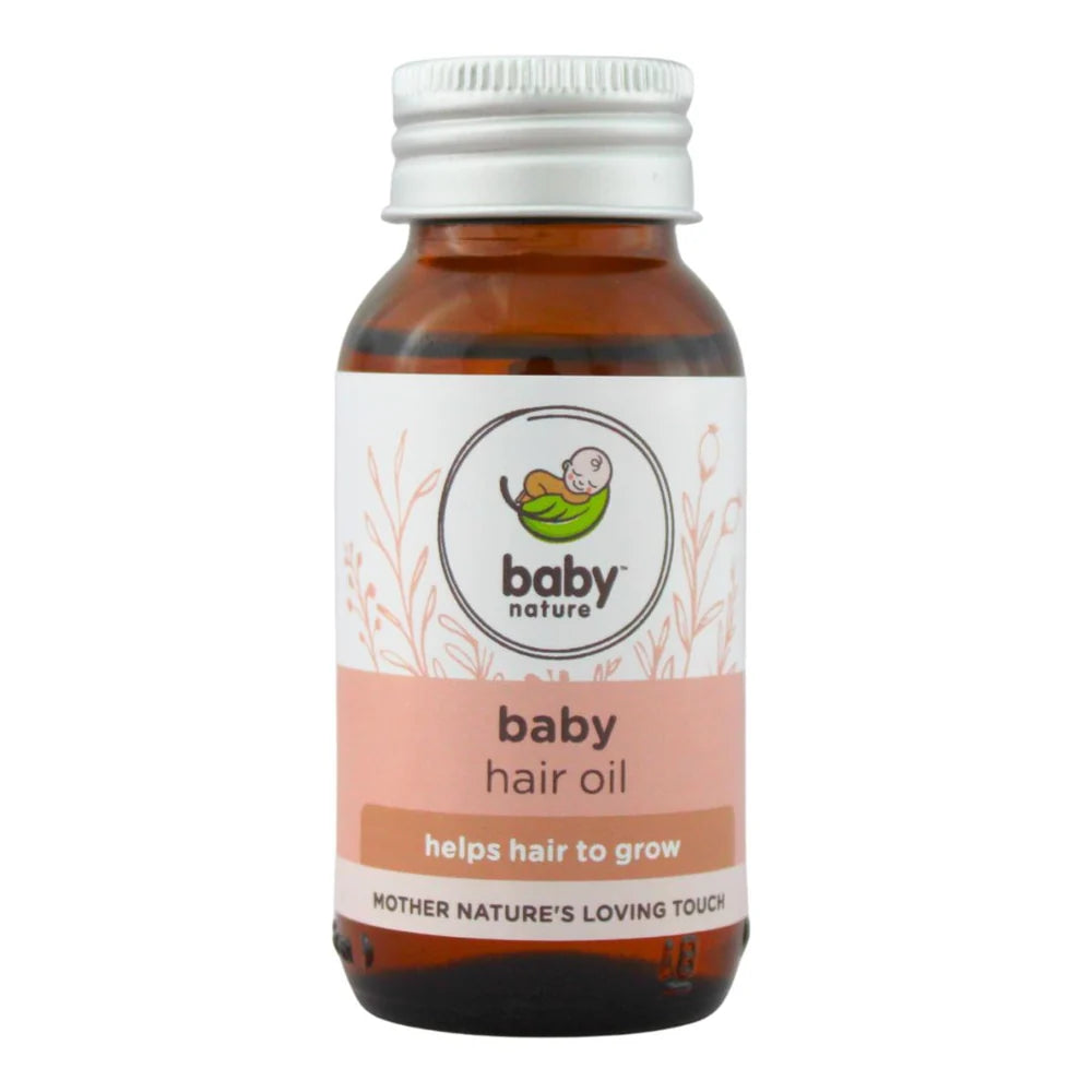 A bottle of Baby Hair Oil by Baby Nature, featuring an amber glass bottle with a white screw cap and a white label with pink and green accents.