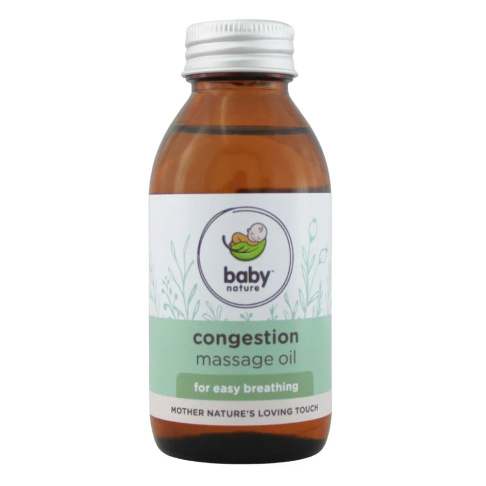 Baby Nature Congestion Massage Oil in an amber glass bottle with a white cap and a white and mint green label.