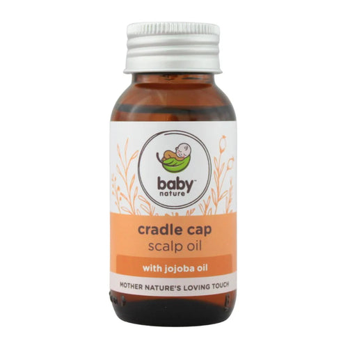 Baby Nature Cradle Cap Scalp Oil in an amber glass bottle with a white cap and a white and orange label, shown on a plain white background.