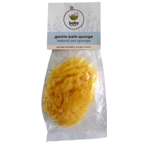 A yellow natural sea sponge bath sponge in a clear plastic bag with a white and blue Baby Things brand header card, shown against a plain white background.