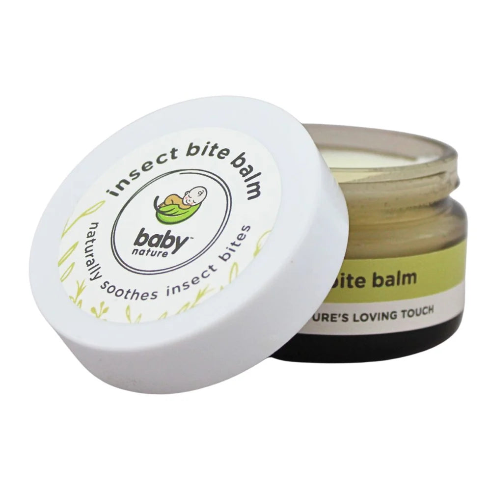 Baby Nature insect bite balm in a clear glass jar with a white lid, shown on a plain white background.