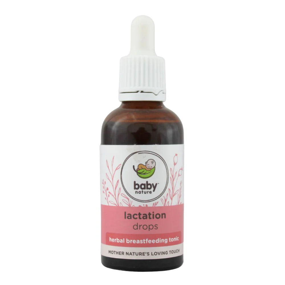 A bottle of Baby Nature Lactation Drops herbal breastfeeding tonic on a plain white background.