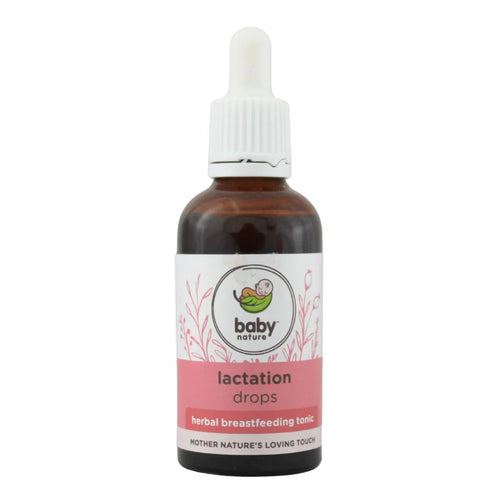 A bottle of Baby Nature Lactation Drops herbal breastfeeding tonic on a plain white background.