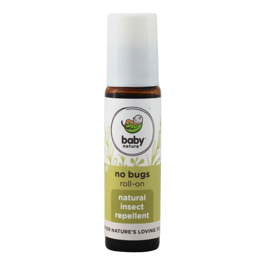Baby Nature No Bugs Roll-On natural insect repellent in a small amber glass bottle with a white cap and white label, shown on a plain white background.