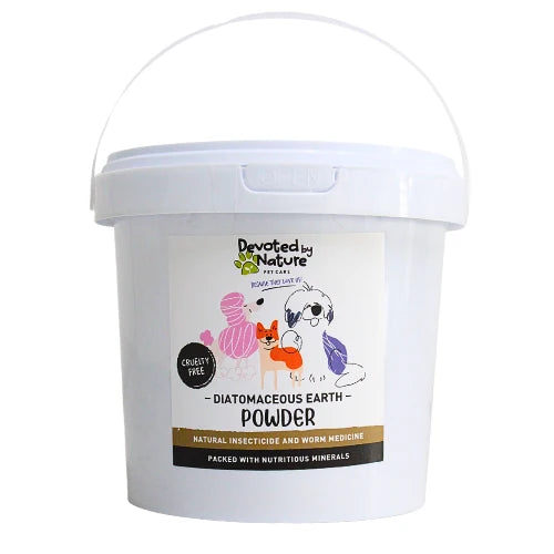 A white plastic bucket of Devoted by Nature Diatomaceous Earth Powder for pets, featuring a white handle and a colorful label with cartoon illustrations of a dog, cat, and bird.