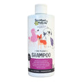 A white plastic bottle of Devoted by Nature Pet Care 'Go Flea! Shampoo' with a white cap, featuring cartoon illustrations of dogs and a cat on the label.