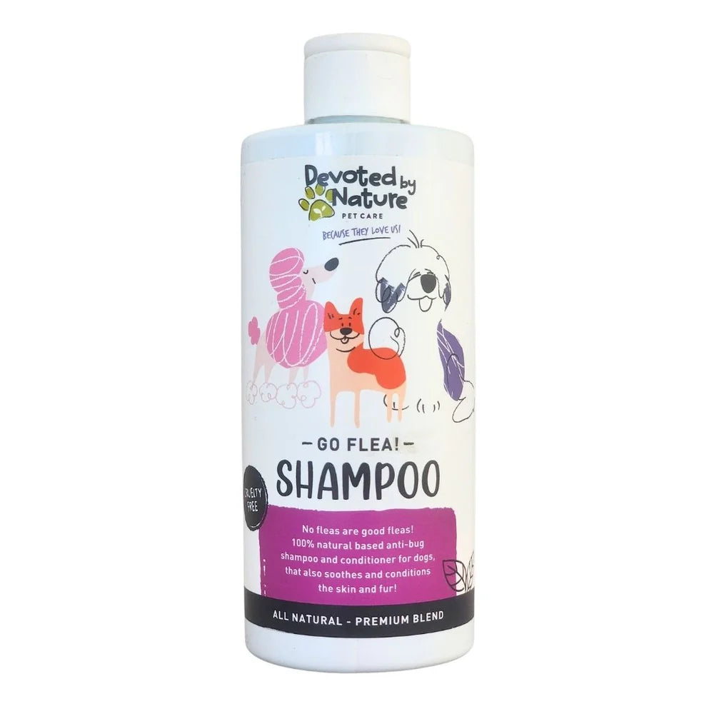 A white plastic bottle of Devoted by Nature Pet Care 'Go Flea! Shampoo' with a white cap, featuring cartoon illustrations of dogs and a cat on the label.