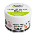 A white plastic jar of Devoted by Nature Hempy Paw and Nose Balm for pets, featuring a white lid with a green and black label, and a white body decorated with cute cartoon illustrations of a cat and a dog.