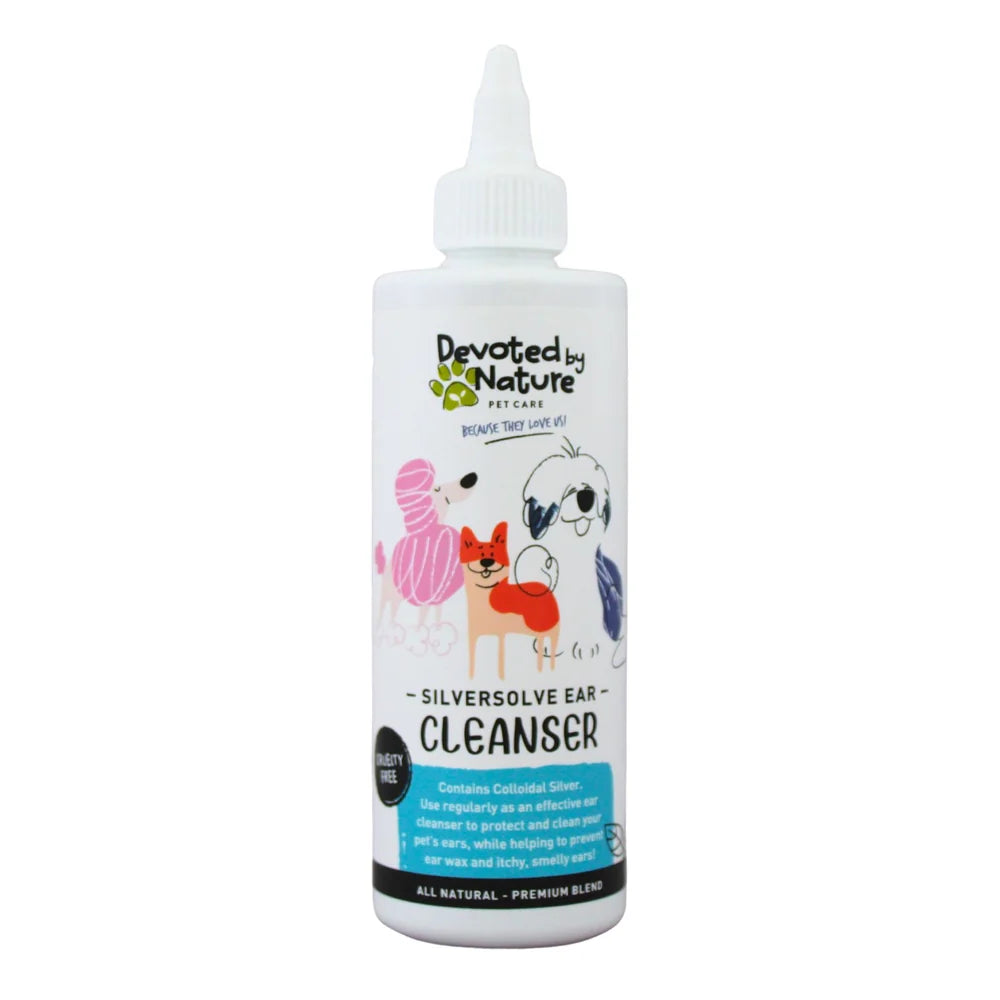 Bottle of Devoted by Nature Silversolve Ear Cleanser on a white background