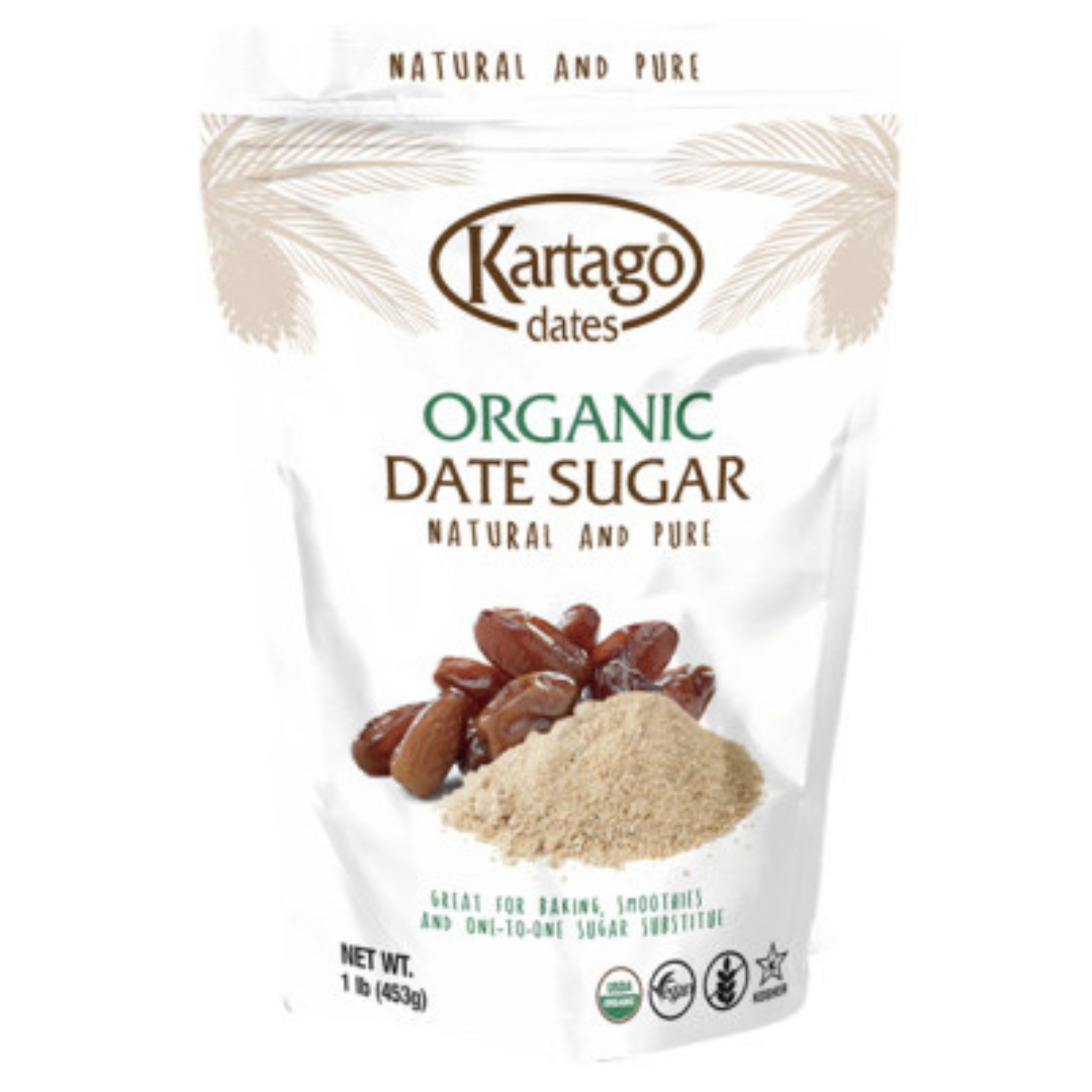 Kartago Dates Organic Date Sugar packaging with dates and sugar on a white background