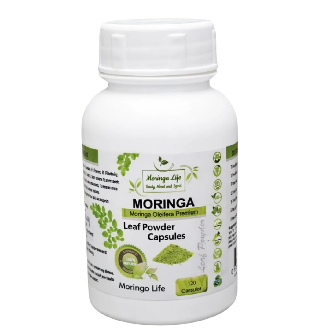 Bottle of Moringa Leaf Powder Capsules on a white background