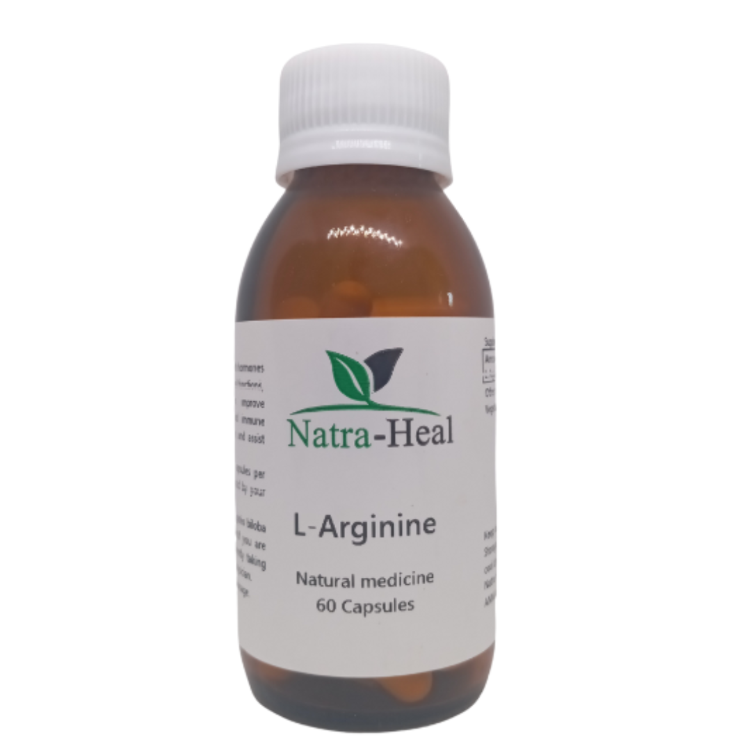 Bottle of Natra-Heal L-Arginine capsules on a white background