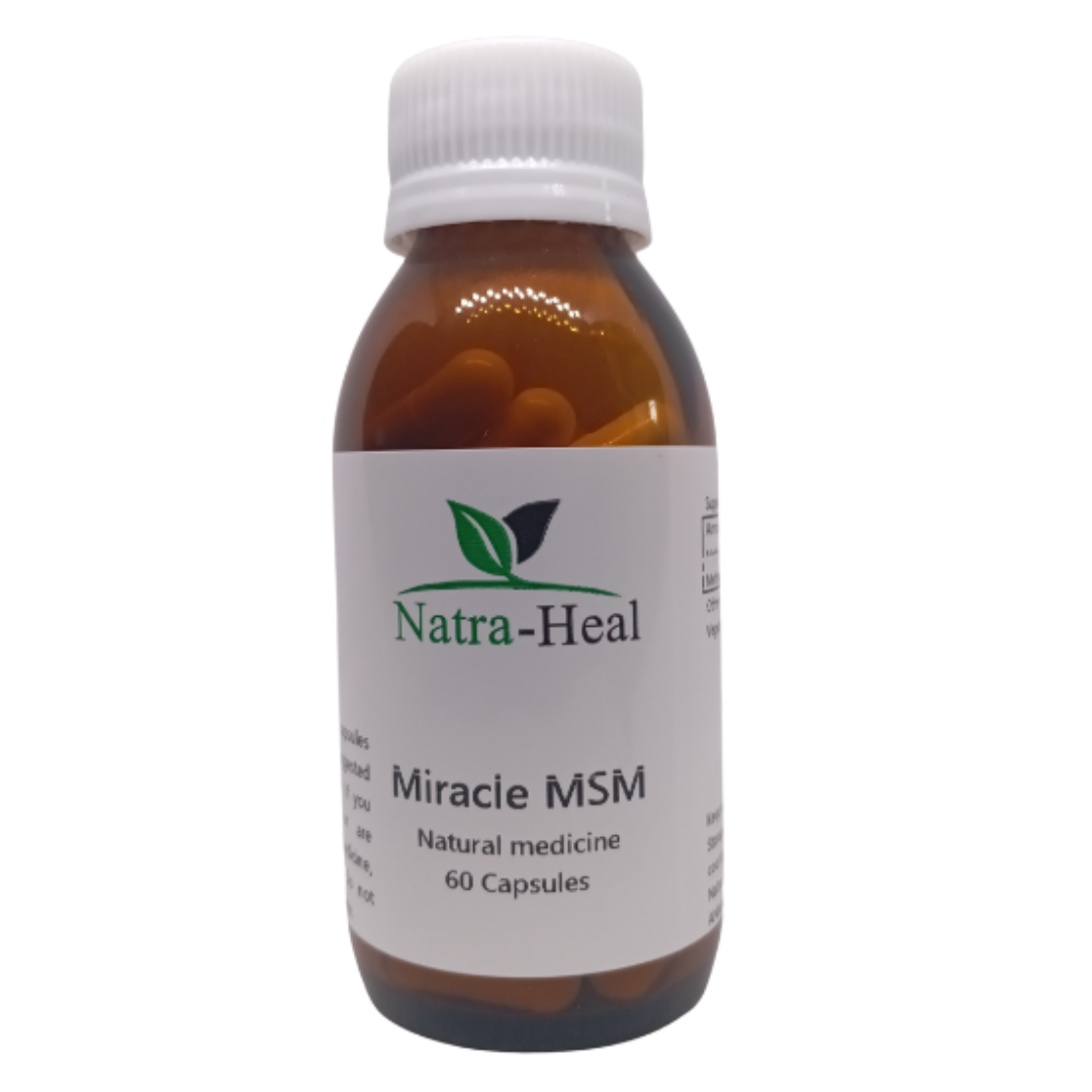 Bottle of Natra Heal Miracle MSM capsules on a white background
