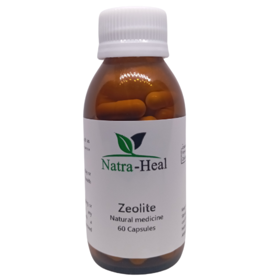 Bottle of Natra Heal Zeolite capsules on a white background