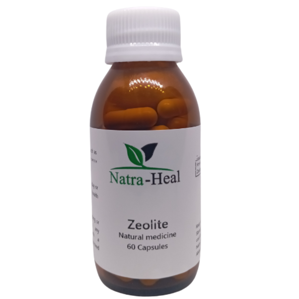 Bottle of Natra Heal Zeolite capsules on a white background