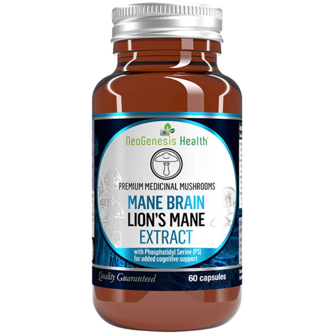Bottle of NeoGenesis Health Mane Brain Lion's Mane Extract capsules on a white background