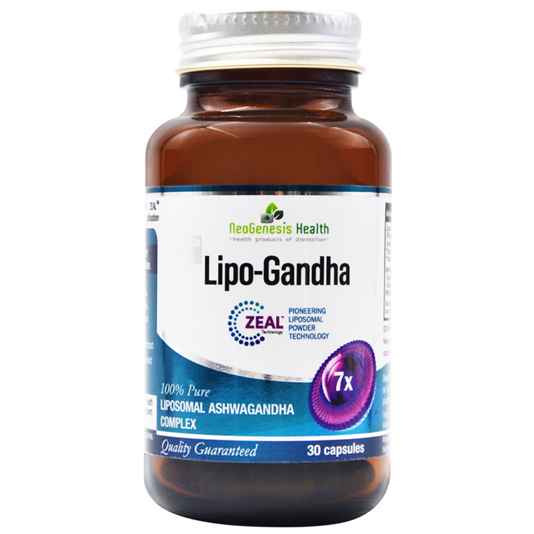 Bottle of Lipo-Gandha supplement with a white background
