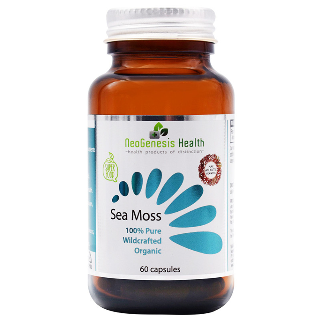 Bottle of Neogenesis Health Sea Moss capsules on a white background