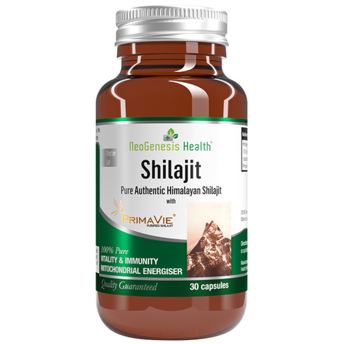 Bottle of Shilajit capsules with NeoGenesis Health branding on a white background