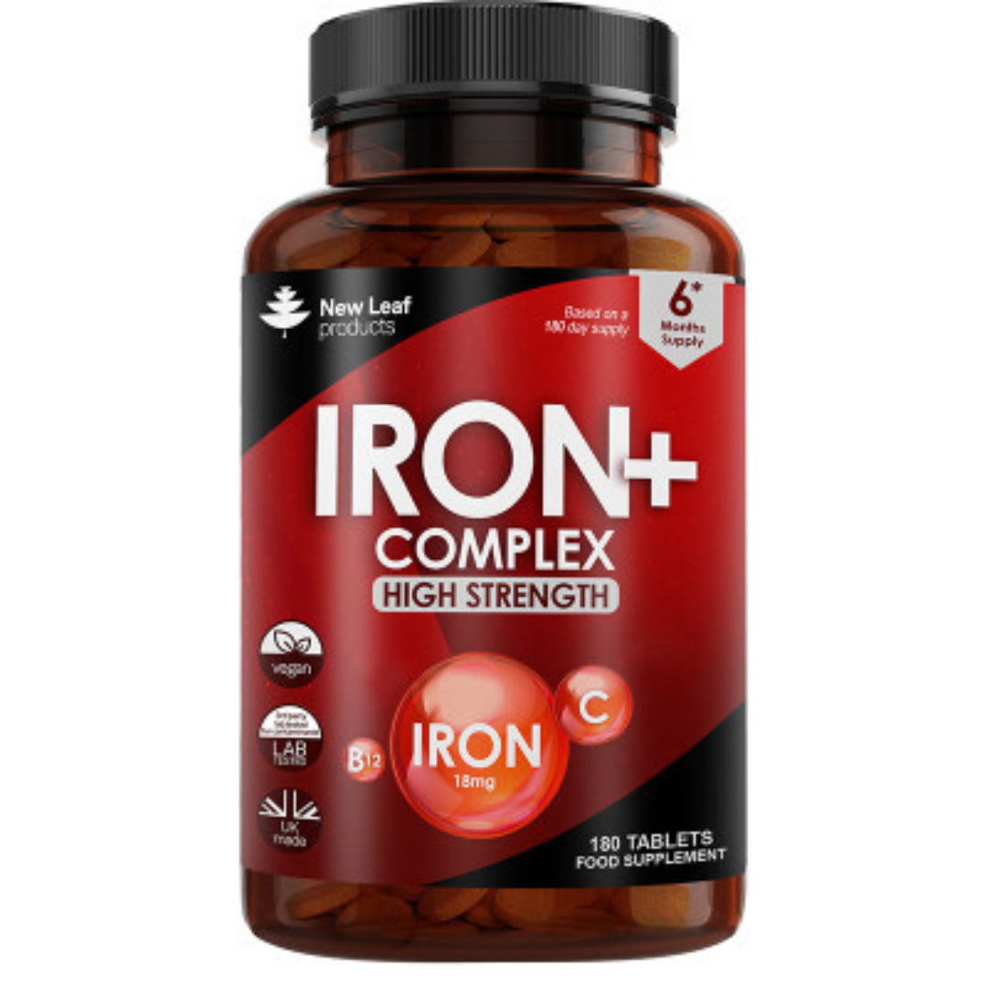 Bottle of New Leaf Iron+ Complex High Strength supplement on a white background