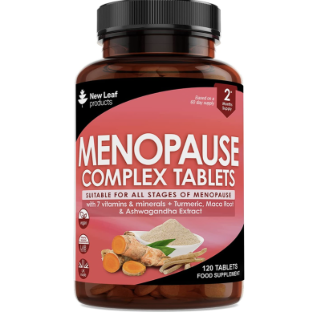 Menopause Complex Tablets bottle with New Leaf Products label on a white background