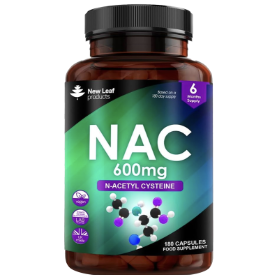 Bottle of NAC 600mg supplement with New Leaf Products branding on a white background