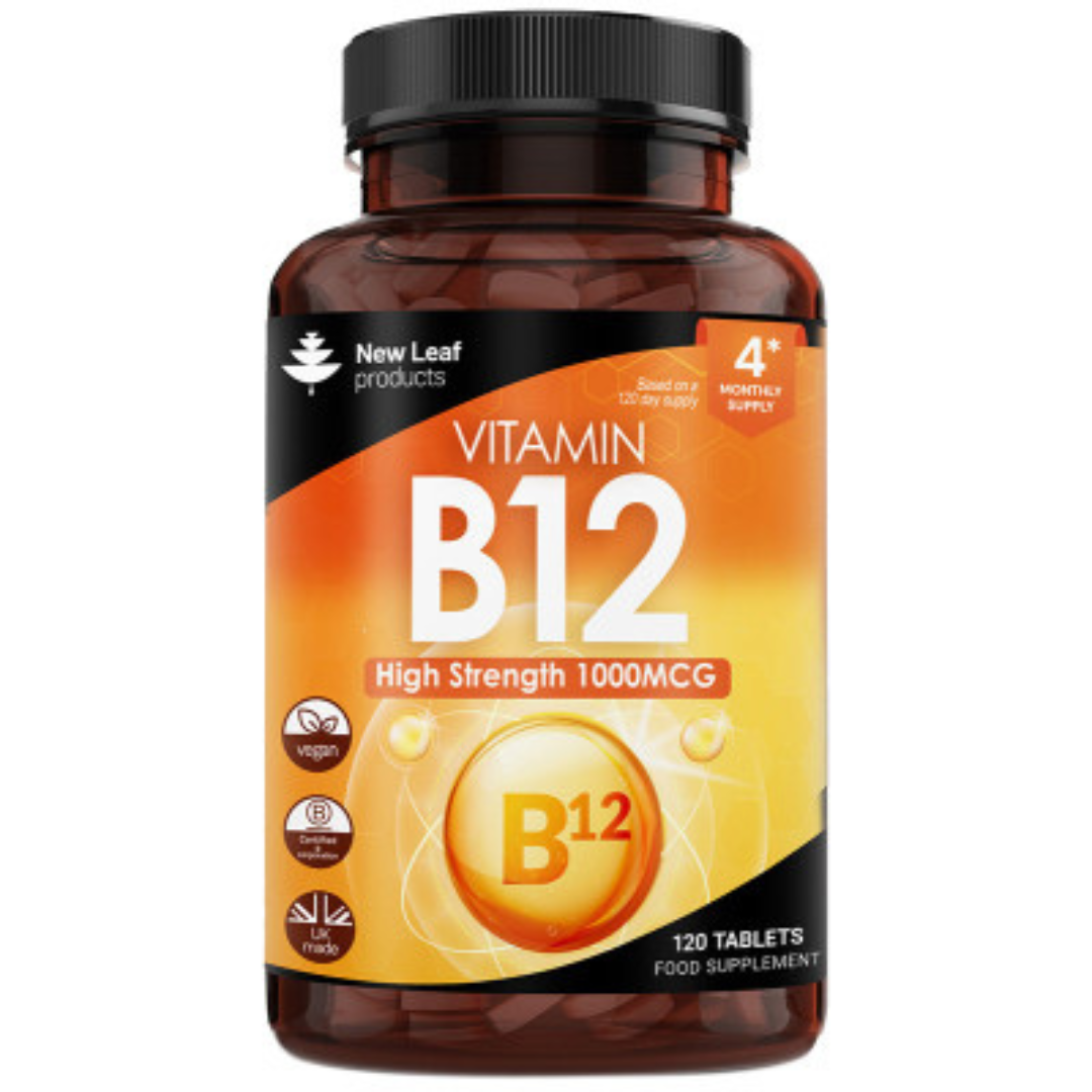 Vitamin B12 supplement bottle with orange label on a white background