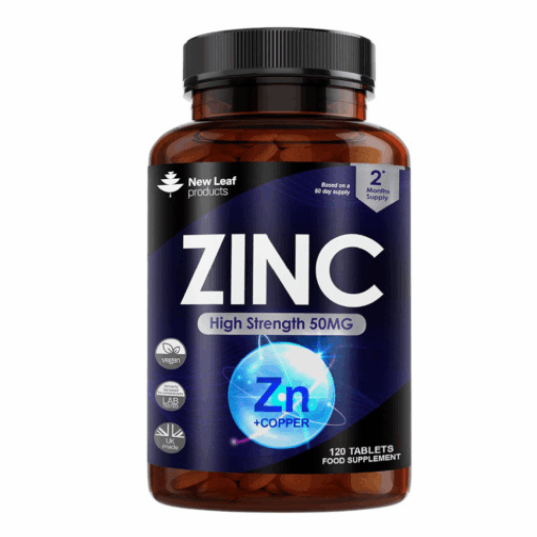 Bottle of New Leaf Products Zinc supplement on a white background