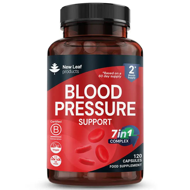 Supplement bottle labeled 'Blood Pressure Support' by New Leaf products on a white background