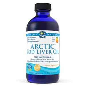 Bottle of Arctic Cod Liver Oil by Nordic Naturals on a white background