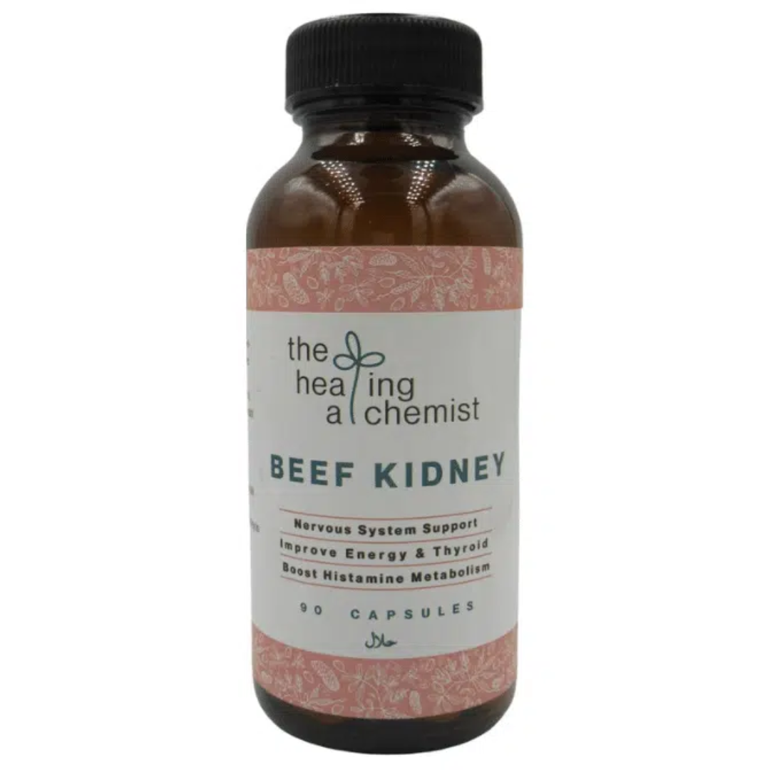 Bottle of 'Beef Kidney' capsules from 'The Healing Chemist' on a white background