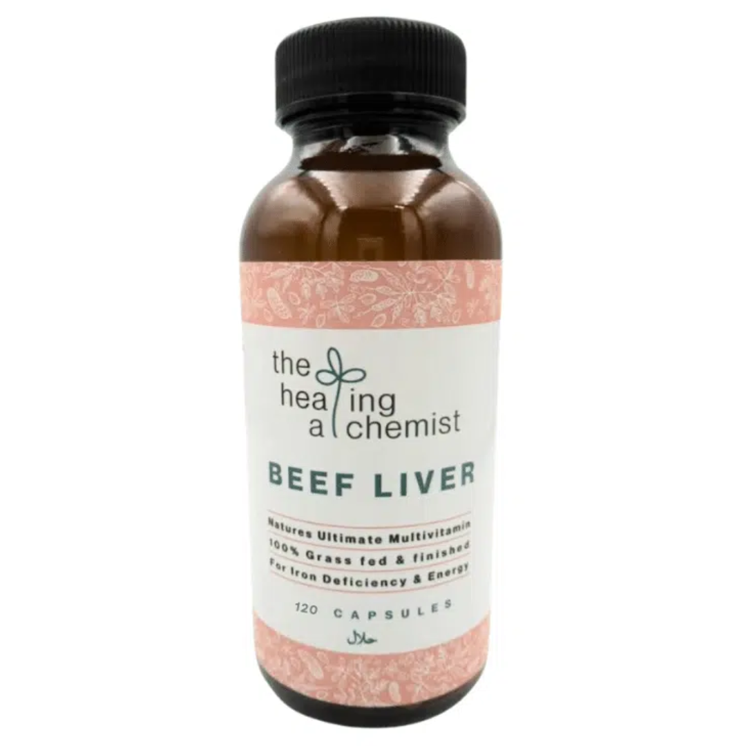 Bottle of 'Beef Liver' capsules by 'The Healing Alchemist' on a white background