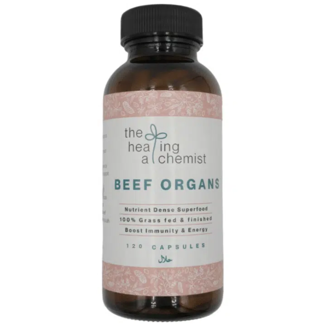 Bottle of 'Beef Organs' capsules by 'The Healing Chemist' on a white background