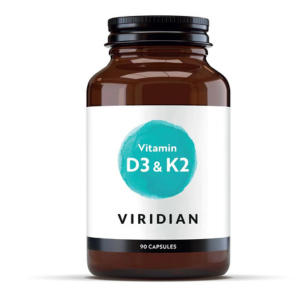 Brown supplement bottle with white label featuring 'Viridian' and 'Vitamin D3 & K2' on a white background