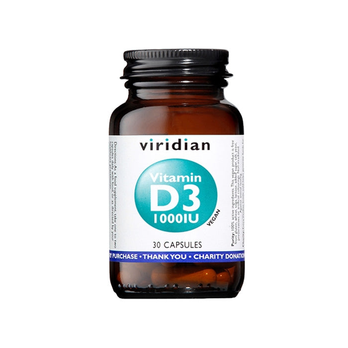 Brown bottle of Viridian Vitamin D3 1000IU capsules on a white background