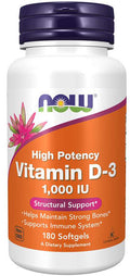 Bottle of NOW Foods High Potency Vitamin D3 on a white background