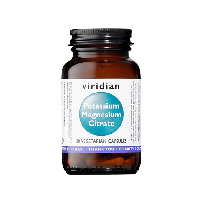 Bottle of Viridian Potassium Magnesium Citrate capsules on a white background