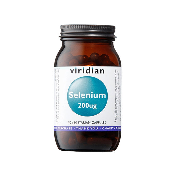 Bottle of Viridian Selenium 200ug capsules on a white background
